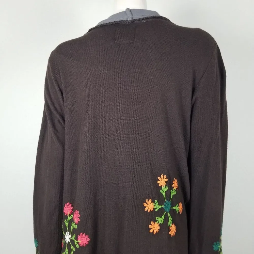 Biya Johnny Was Brown Floral Embroidered Waterfall Long Brown Cardigan Size M - Picture 9 of 15